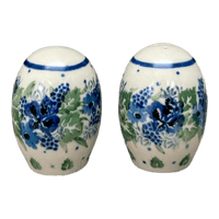 A picture of a Polish Pottery Small Salt & Pepper Set (Hyacinth in the Wind) | A735S-2037X as shown at PolishPotteryOutlet.com/products/small-salt-pepper-set-hyacinth-in-the-wind-a735s-2037x