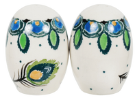 A picture of a Polish Pottery Small Salt & Pepper Set (Peacock Plume) | A735S-2218X as shown at PolishPotteryOutlet.com/products/small-salt-pepper-set-peacock-plume