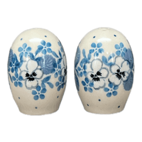 A picture of a Polish Pottery Small Salt & Pepper Set (Pansy Blues) | A735S-2346X as shown at PolishPotteryOutlet.com/products/small-salt-pepper-set-pansy-blues-a735s-2346x