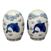 A picture of a Polish Pottery Small Salt & Pepper Set (Koi Pond) | A735S-2372X as shown at PolishPotteryOutlet.com/products/small-salt-pepper-set-koi-pond-a735s-2372x