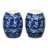 A picture of a Polish Pottery Small Salt & Pepper Set (Wavy Blues) | A735S-905X as shown at PolishPotteryOutlet.com/products/small-salt-pepper-set-wavy-blues-a735s-905x