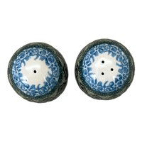 A picture of a Polish Pottery Small Salt & Pepper Set (Aztec Blues) | A735S-U4428 as shown at PolishPotteryOutlet.com/products/small-salt-pepper-set-aztec-blues-a735s-u4428