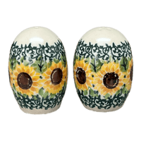 A picture of a Polish Pottery Small Salt & Pepper Set (Sunflowers) | A735S-U4739 as shown at PolishPotteryOutlet.com/products/small-salt-pepper-set-sunflowers-a735s-u4739