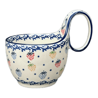 A picture of a Polish Pottery CA 16 oz. Loop Handle Bowl (Mixed Berries) | A845-1449X as shown at PolishPotteryOutlet.com/products/16-oz-loop-handle-bowl-mixed-berries-a845-1449x