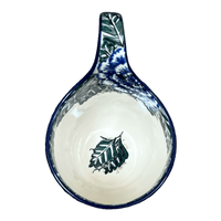 A picture of a Polish Pottery CA 16 oz. Loop Handle Bowl (Blue Dahlia) | A845-U1473 as shown at PolishPotteryOutlet.com/products/16-oz-loop-handle-bowl-blue-dahlia-a845-u1473