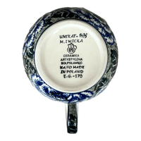 A picture of a Polish Pottery CA 16 oz. Loop Handle Bowl (Blue Dahlia) | A845-U1473 as shown at PolishPotteryOutlet.com/products/16-oz-loop-handle-bowl-blue-dahlia-a845-u1473