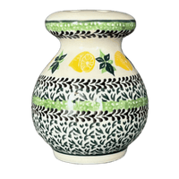 A picture of a Polish Pottery CA 4" Parmesan/Spice Shaker (Lemons and Leaves) | A934-2749X as shown at PolishPotteryOutlet.com/products/4-parmesan-spice-shaker-lemons-and-leaves-a934-2749x