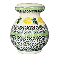 A picture of a Polish Pottery Shaker, 4" in "Lemons and Leaves" by Ceramika Artystyczna | A934-2749X as shown at PolishPotteryOutlet.com/products/4-parmesan-spice-shaker-lemons-and-leaves-a934-2749x