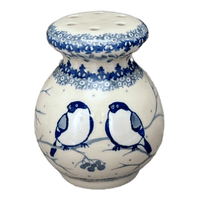 A picture of a Polish Pottery Parmesan/Spice Shaker (Bullfinch on Blue) | A934-U4830 as shown at PolishPotteryOutlet.com/products/parmesan-spice-shaker-bullfinch-on-blue-a934-u4830