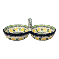 A picture of a Polish Pottery Double Bowl Serving Dish (Lemons and Leaves) | A942-2749X as shown at PolishPotteryOutlet.com/products/double-bowl-serving-dish-lemons-and-leaves-a942-2749x