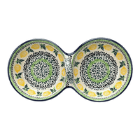 A picture of a Polish Pottery Double Bowl Serving Dish (Lemons and Leaves) | A942-2749X as shown at PolishPotteryOutlet.com/products/double-bowl-serving-dish-lemons-and-leaves-a942-2749x