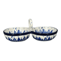 A picture of a Polish Pottery Double Bowl Serving Dish (Winter Skies) | A942-2826X as shown at PolishPotteryOutlet.com/products/double-bowl-serving-dish-winter-skies-a942-2826x