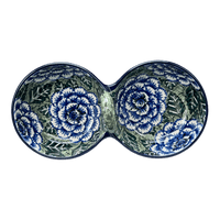 A picture of a Polish Pottery Double Bowl Serving Dish (Blue Dahlia) | A942-U1473 as shown at PolishPotteryOutlet.com/products/double-bowl-serving-dish-blue-dahlia-a942-u1473