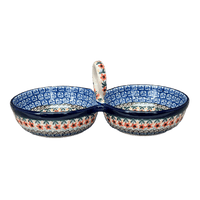 A picture of a Polish Pottery Bowl, Round, Double, Serving, 9" in "Butterfly Parade" by Ceramika Artystyczna | A942-U1493 as shown at PolishPotteryOutlet.com/products/double-bowl-serving-dish-butterfly-parade-a942-u1493