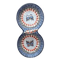 A picture of a Polish Pottery Bowl, Round, Double, Serving, 9" in "Butterfly Parade" by Ceramika Artystyczna | A942-U1493 as shown at PolishPotteryOutlet.com/products/double-bowl-serving-dish-butterfly-parade-a942-u1493