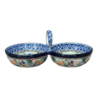 A picture of a Polish Pottery Double Bowl Serving Dish (Poseidon's Treasure) | A942-U1899 as shown at PolishPotteryOutlet.com/products/double-bowl-serving-dish-poseidons-treasure-a942-u1899