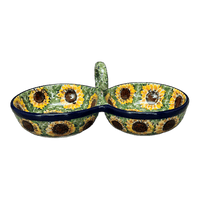 A picture of a Polish Pottery Double Bowl Serving Dish (Sunflower Field) | A942-U4737 as shown at PolishPotteryOutlet.com/products/double-bowl-serving-dish-sunflower-field-a942-u4737