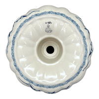 A picture of a Polish Pottery CA Bundt Cake Pan (Bullfinch on Blue) | AA55-U4830 as shown at PolishPotteryOutlet.com/products/bundt-cake-pan-bullfinch-on-blue-aa55-u4830