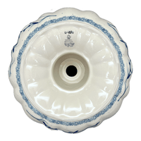 A picture of a Polish Pottery Bundt Cake Pan, 10.25" in "Bullfinch on Blue" by Ceramika Artystyczna | AA55-U4830 as shown at PolishPotteryOutlet.com/products/bundt-cake-pan-bullfinch-on-blue-aa55-u4830