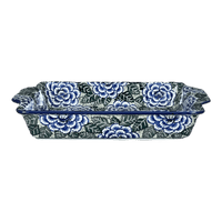 A picture of a Polish Pottery CA 15.5" x 9" Rectangular Baker W/ Handles  (Blue Dahlia) | AA56-U1473 as shown at PolishPotteryOutlet.com/products/8-x-12-rectangular-baker-blue-dahlia-aa56-u1473