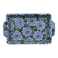 A picture of a Polish Pottery 15.5" x 9" Rectangular Baker W/ Handles  (Blue Dahlia) | AA56-U1473 as shown at PolishPotteryOutlet.com/products/8-x-12-rectangular-baker-blue-dahlia-aa56-u1473