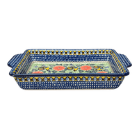 A picture of a Polish Pottery CA 15.5" x 9" Rectangular Baker W/ Handles (Regal Roosters) | AA56-U2617 as shown at PolishPotteryOutlet.com/products/8-x-12-rectangular-baker-regal-roosters-aa56-u2617