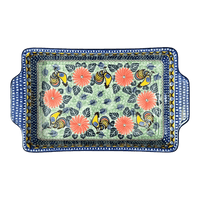 A picture of a Polish Pottery 15.5" x 9" Rectangular Baker W/ Handles (Regal Roosters) | AA56-U2617 as shown at PolishPotteryOutlet.com/products/8-x-12-rectangular-baker-regal-roosters-aa56-u2617