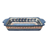 A picture of a Polish Pottery CA 13" x 8" Rectangular Casserole W/ Handles (Butterfly Parade) | AA59-U1493 as shown at PolishPotteryOutlet.com/products/13-x-8-rectangular-casserole-w-handles-butterfly-parade-aa59-u1493