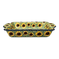 A picture of a Polish Pottery CA 13" x 8" Rectangular Casserole W/ Handles (Sunflower Field) | AA59-U4737 as shown at PolishPotteryOutlet.com/products/13-x-8-rectangular-casserole-w-handles-sunflower-field-aa59-u4737