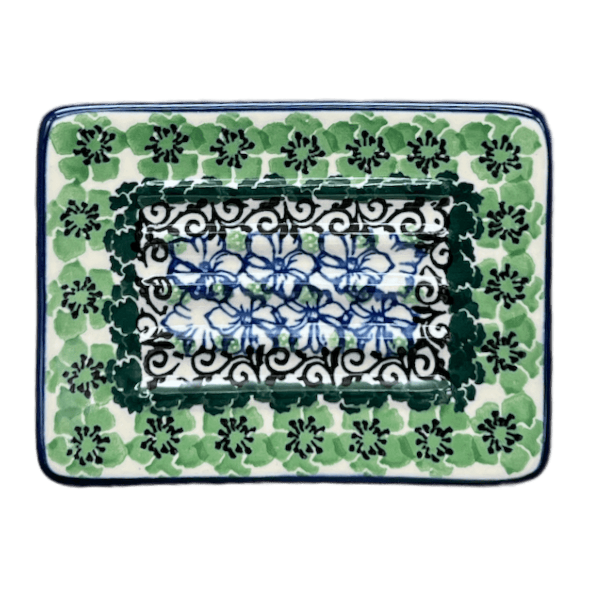 Soap Dish, Rectangular, 3.25" x 4.5" in "Ring of Green" by Ceramika Artystyczna | AA97-1479X