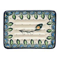 A picture of a Polish Pottery CA 3.25" x 4.5" Rectangular Soap Dish (Peacock Plume) | AA97-2218X as shown at PolishPotteryOutlet.com/products/3-25-x-4-5-rectangular-soap-dish-peacock-plume-aa97-2218x