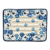 A picture of a Polish Pottery CA 3.25" x 4.5" Rectangular Soap Dish (Pansy Blues) | AA97-2346X as shown at PolishPotteryOutlet.com/products/3-25-x-4-5-rectangular-soap-dish-pansy-blues-aa97-2346x