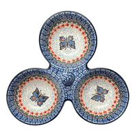 A picture of a Polish Pottery 3-Bowl Divided Server (Butterfly Parade) | AB34-U1493 as shown at PolishPotteryOutlet.com/products/3-bowl-divided-server-butterfly-parade-ab34-u1493