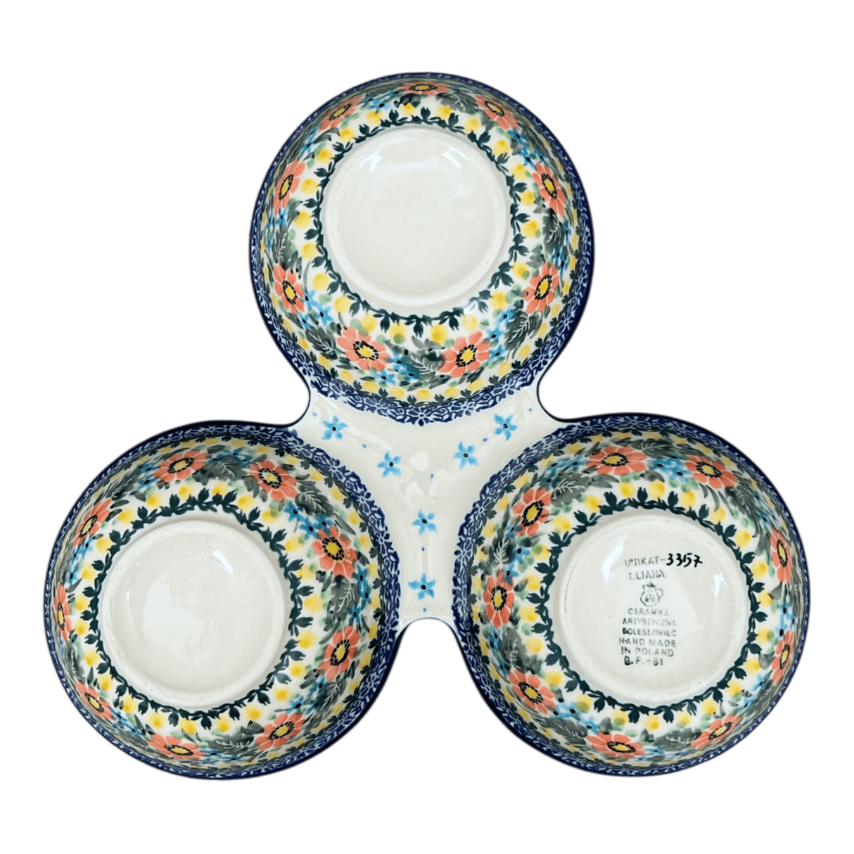 Bowl, Round, 3-Bowl, Divided Server in "Hummingbird Bouquet" by Ceramika Artystyczna | AB34-U3357