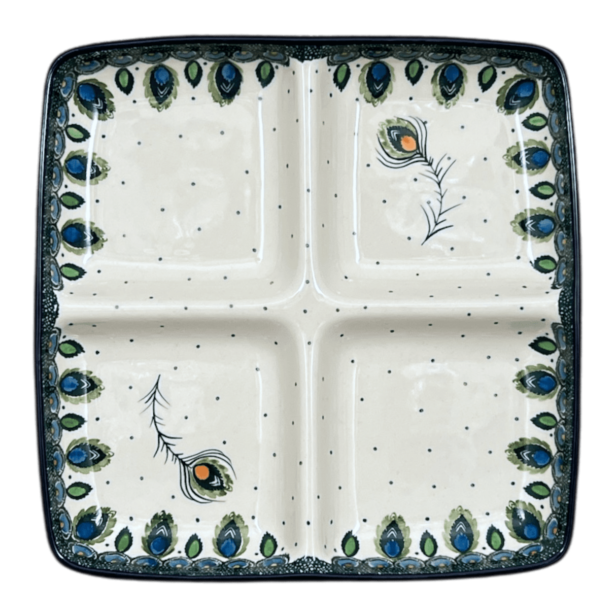 Divided Square Dish, 9.75" in "Peacock Plume" by Ceramika Artystyczna | AB40-2218X