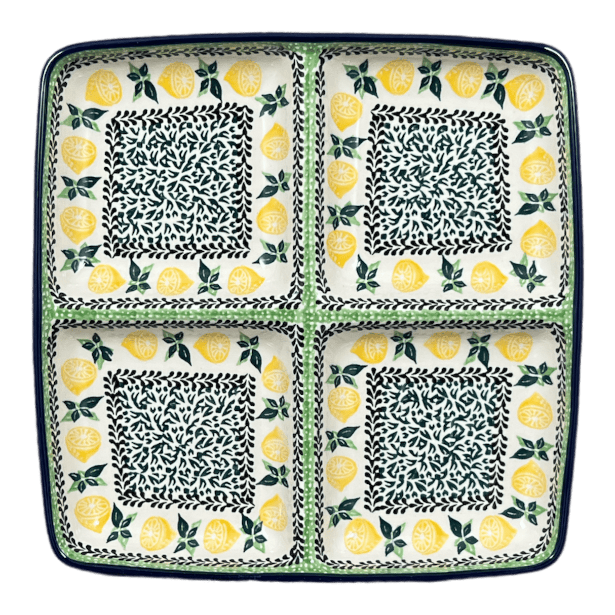 Divided Square Dish, 9.75" in "Lemons and Leaves" by Ceramika Artystyczna | AB40-2749X