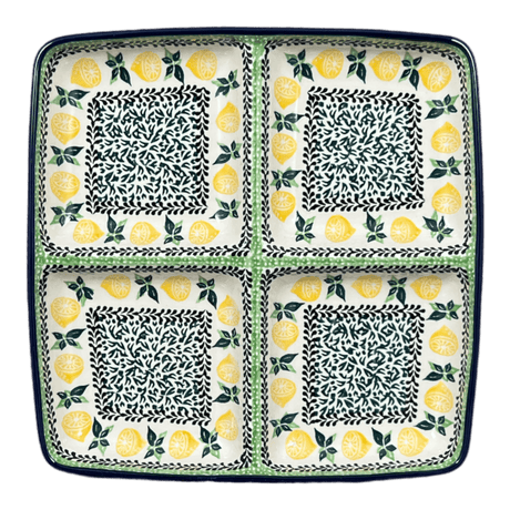 Divided Square Dish, 9.75" in "Lemons and Leaves" by Ceramika Artystyczna | AB40-2749X