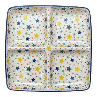 A picture of a Polish Pottery Divided Square Dish, 9.75" in "Star Shower" by Ceramika Artystyczna | AB40-359X as shown at PolishPotteryOutlet.com/products/divided-square-dish-star-shower-ab40-359x