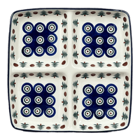 A picture of a Polish Pottery Divided Square Dish, 9.75" in "Peacock Pine" by Ceramika Artystyczna | AB40-366X as shown at PolishPotteryOutlet.com/products/divided-square-dish-peacock-pine-ab40-366x