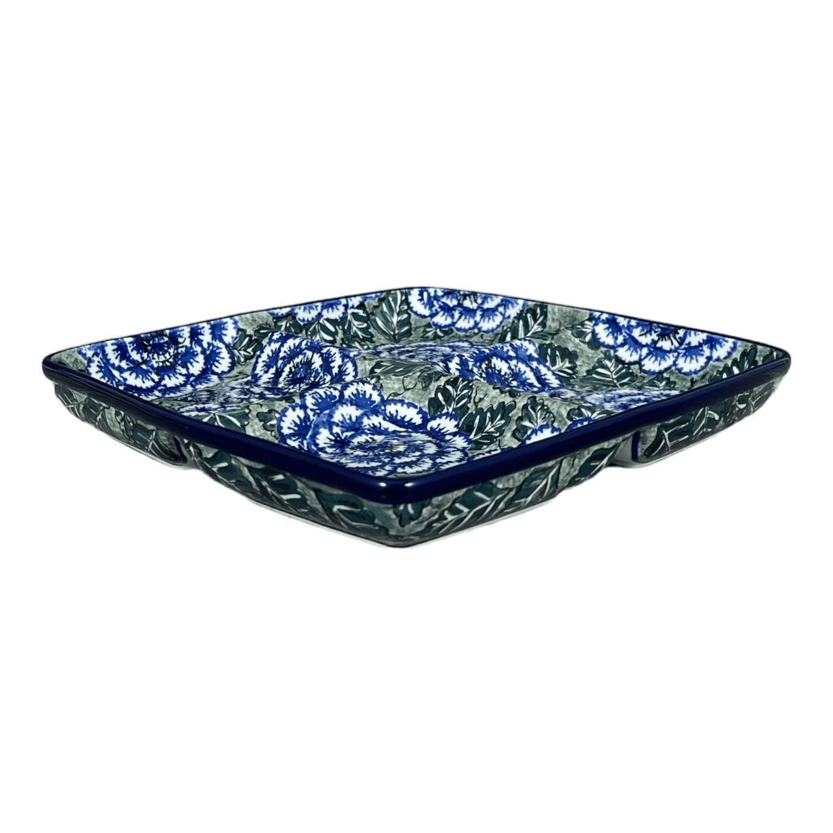 Divided Square Dish, 9.75" in "Blue Dahlia" by Ceramika Artystyczna | AB40-U1473