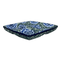 A picture of a Polish Pottery Divided Square Dish (Blue Dahlia) | AB40-U1473 as shown at PolishPotteryOutlet.com/products/divided-square-dish-blue-dahlia-ab40-u1473