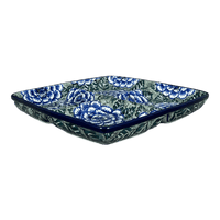 A picture of a Polish Pottery Divided Square Dish, 9.75" in "Blue Dahlia" by Ceramika Artystyczna | AB40-U1473 as shown at PolishPotteryOutlet.com/products/divided-square-dish-blue-dahlia-ab40-u1473