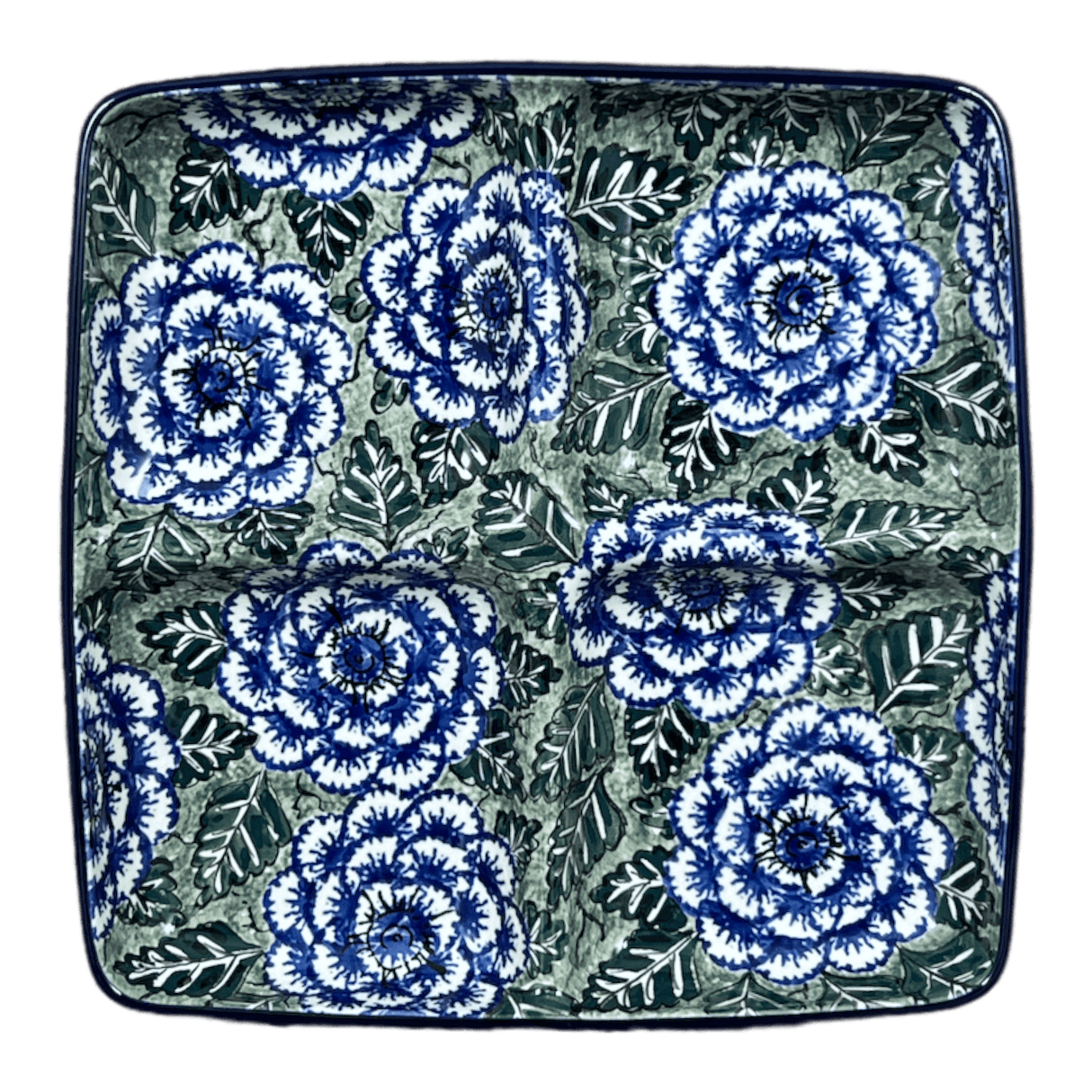 Divided Square Dish, 9.75" in "Blue Dahlia" by Ceramika Artystyczna | AB40-U1473