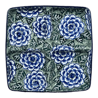 A picture of a Polish Pottery Divided Square Dish (Blue Dahlia) | AB40-U1473 as shown at PolishPotteryOutlet.com/products/divided-square-dish-blue-dahlia-ab40-u1473