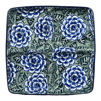 A picture of a Polish Pottery Divided Square Dish, 9.75" in "Blue Dahlia" by Ceramika Artystyczna | AB40-U1473 as shown at PolishPotteryOutlet.com/products/divided-square-dish-blue-dahlia-ab40-u1473