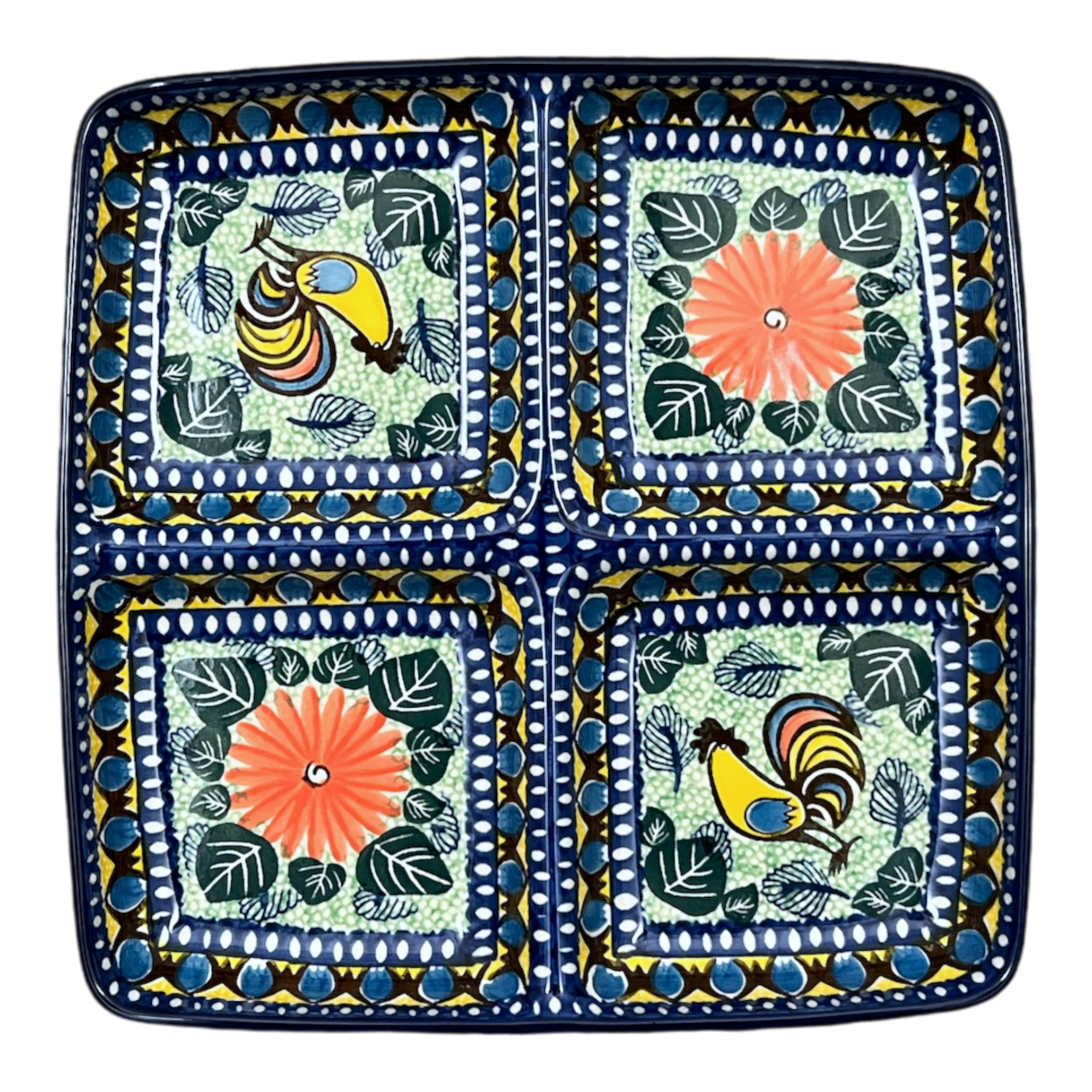 Divided Square Dish, 9.75" in "Regal Roosters" by Ceramika Artystyczna | AB40-U2617