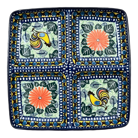 Divided Square Dish, 9.75" in "Regal Roosters" by Ceramika Artystyczna | AB40-U2617