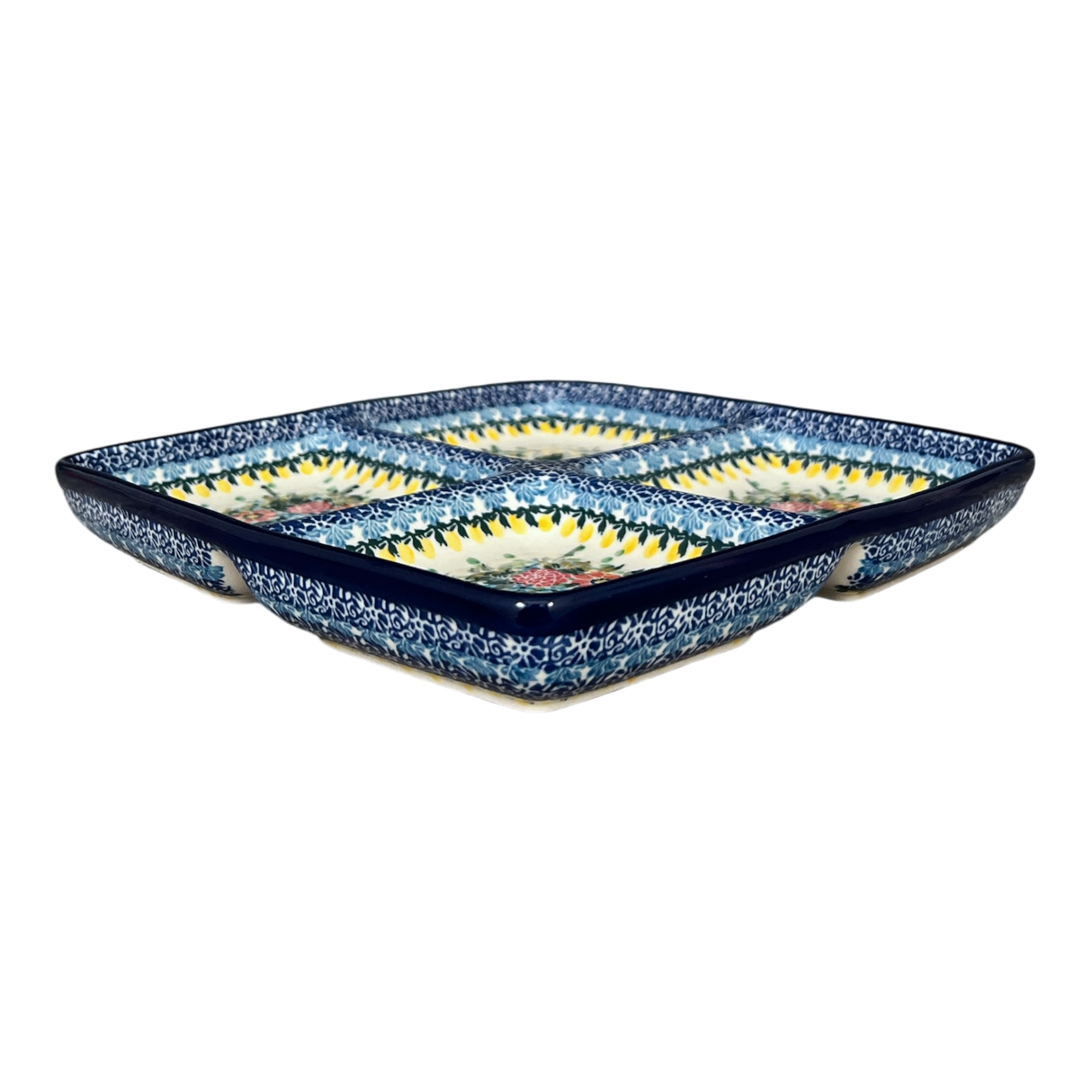 Divided Square Dish, 9.75" in "Hummingbird Bouquet" by Ceramika Artystyczna | AB40-U3357