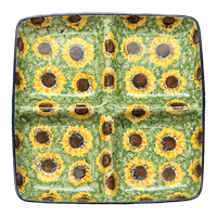 A picture of a Polish Pottery Divided Square Dish (Sunflower Field) | AB40-U4737 as shown at PolishPotteryOutlet.com/products/divided-square-dish-sunflower-field-ab40-u4737