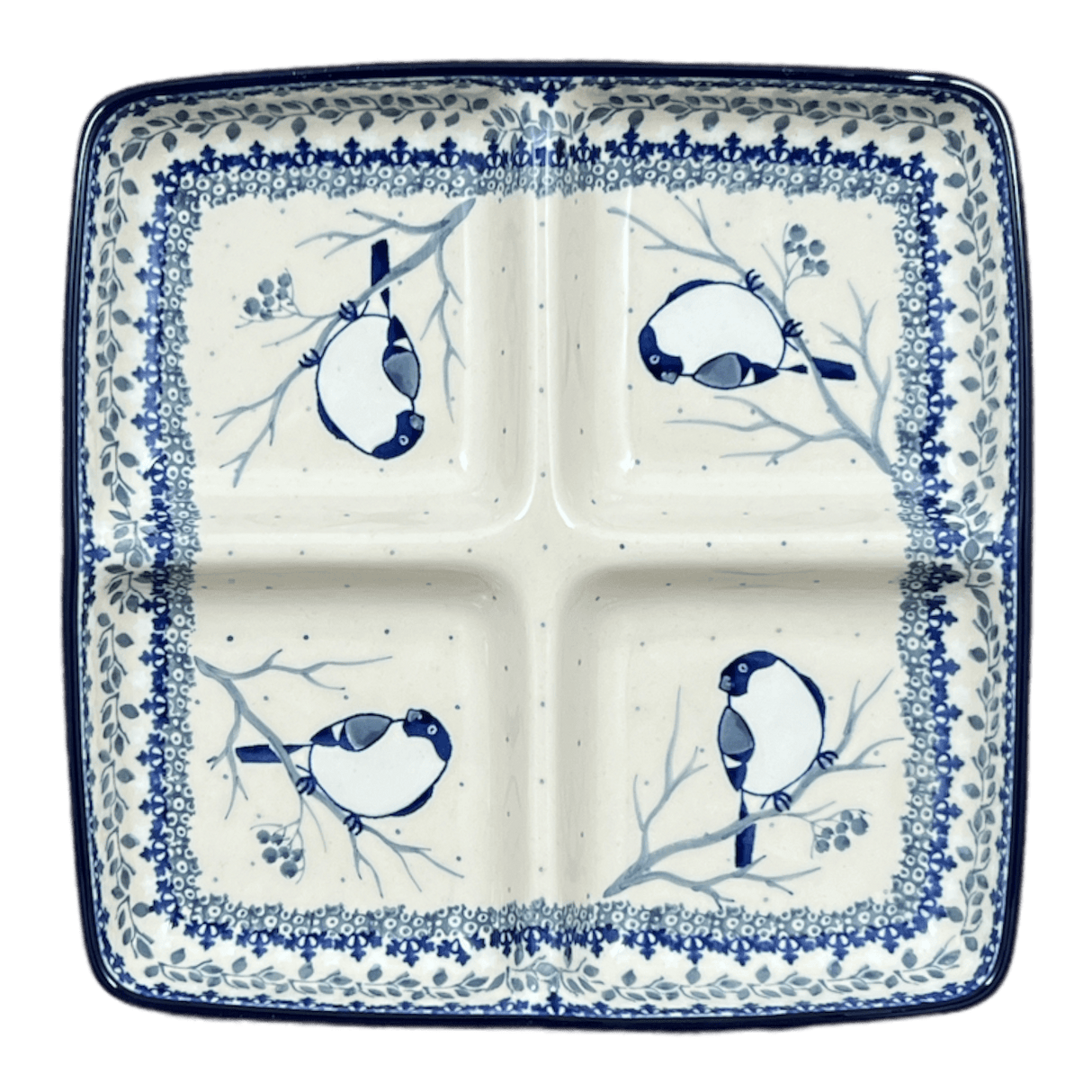 Divided Square Dish, 9.75" in "Bullfinch on Blue" by Ceramika Artystyczna | AB40-U4830